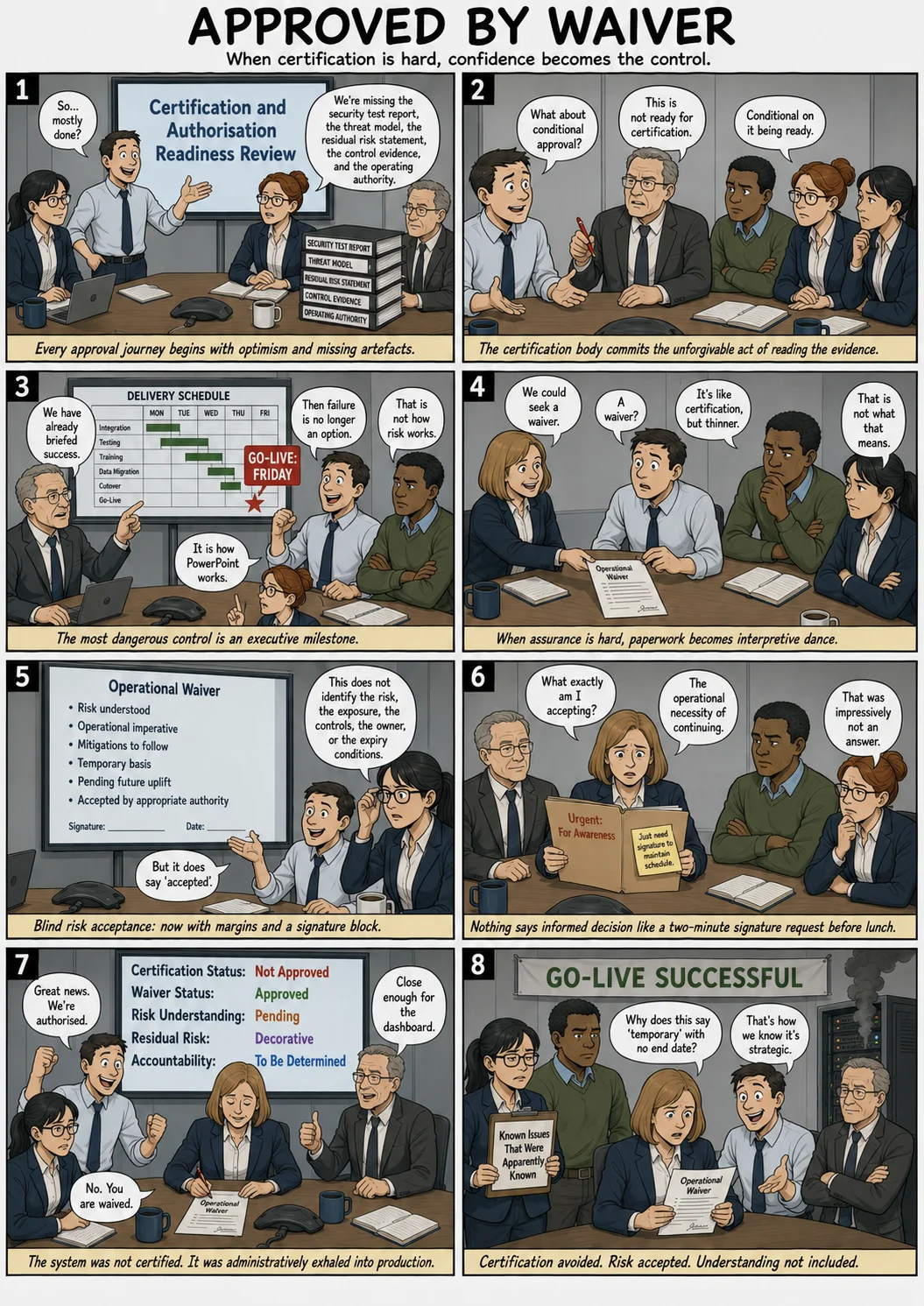 Eight-panel office comic titled “Approved by Waiver”. A delivery team discovers that a system lacks essential security evidence and is not ready for certification, but managers insist that the Friday go-live cannot move. The team replaces certification with a vague operational waiver, celebrates being “authorised” despite a dashboard showing certification not approved and risk understanding pending, while a server rack emits smoke in the final panel.