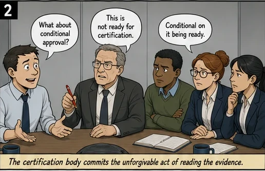 The certification body commits the unforgivable act of reading the evidence.