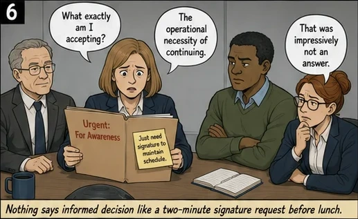 Nothing says informed decision like a two-minute signature request before lunch.